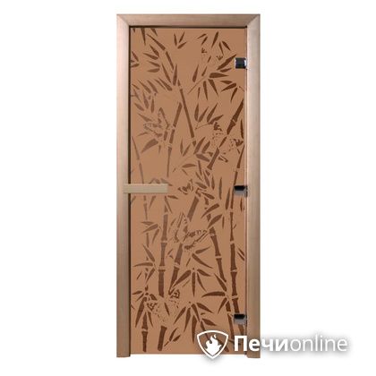 Дверь стеклянная Банный эксперт Бамбук и бабочки бронза матовое 8мм коробка ольха 190/70 в Ревде